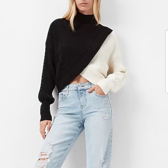 Express Color Block Wrap Front Mock Neck Crop Sweater - Picture 1 of 11